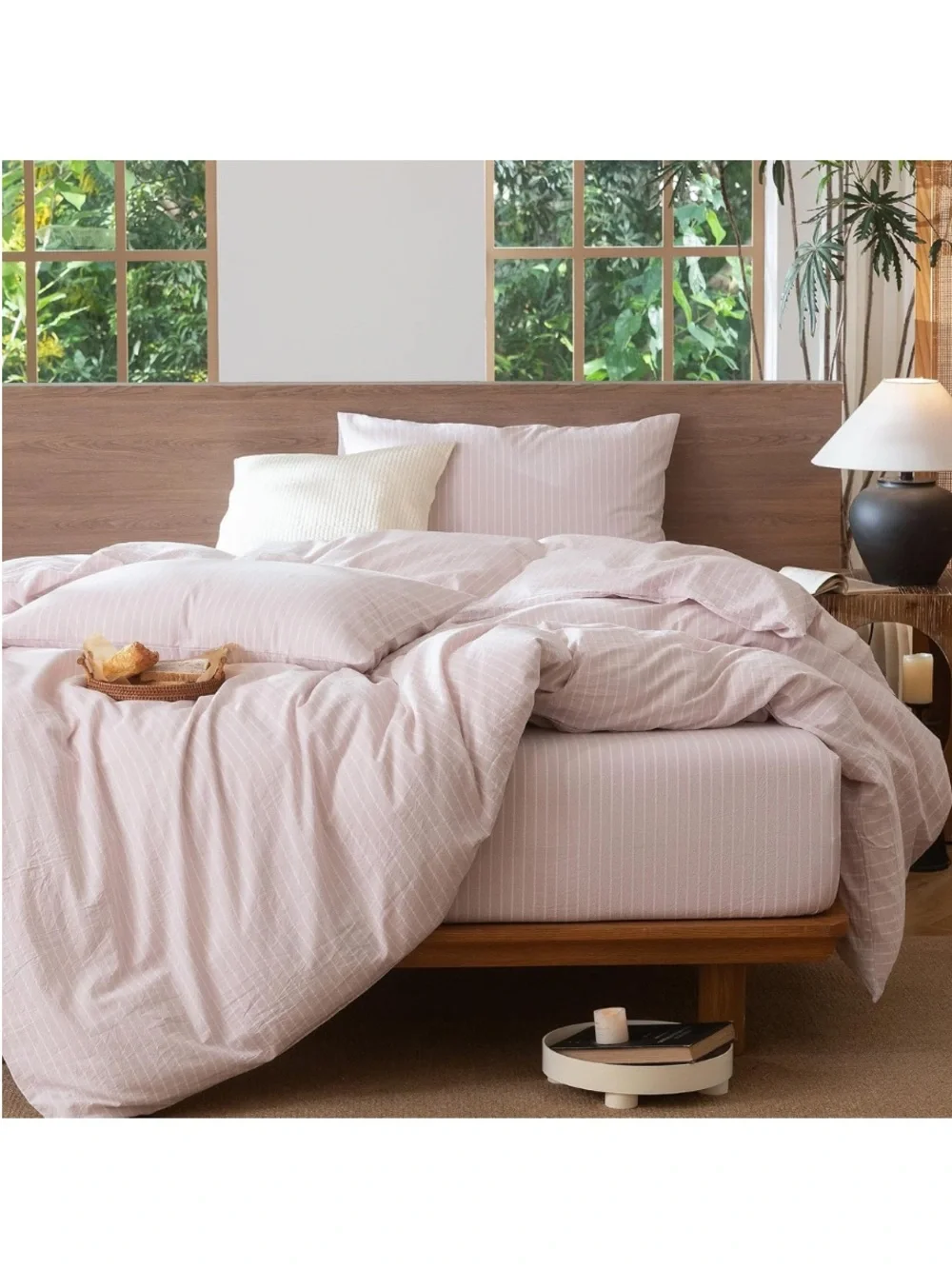 QUEEN Striped Duvet Set 3Pc. 100% Cotton 200 Thread Count GRAYISH PINK & WHITE